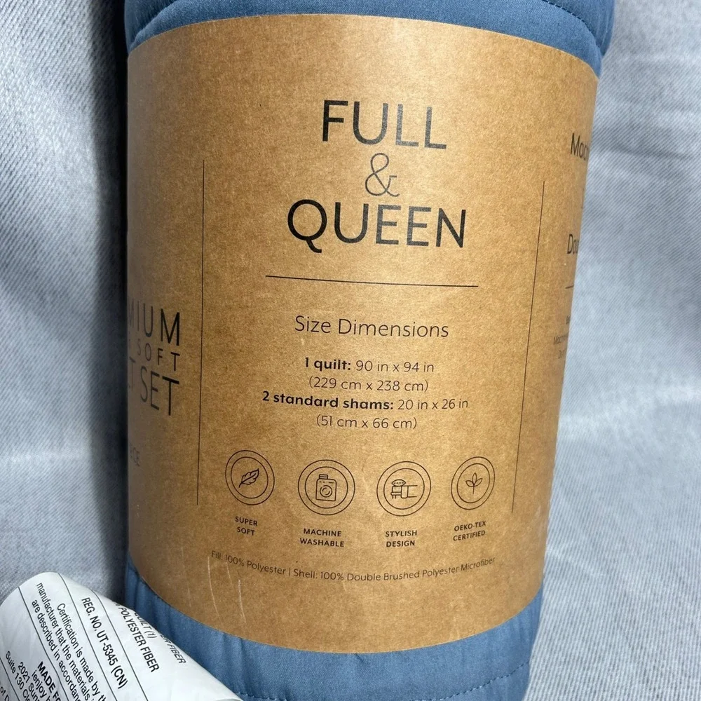 Premium Soft Quilt Set Full Queen‎ Blue Double Brushed 3 Piece Bedding